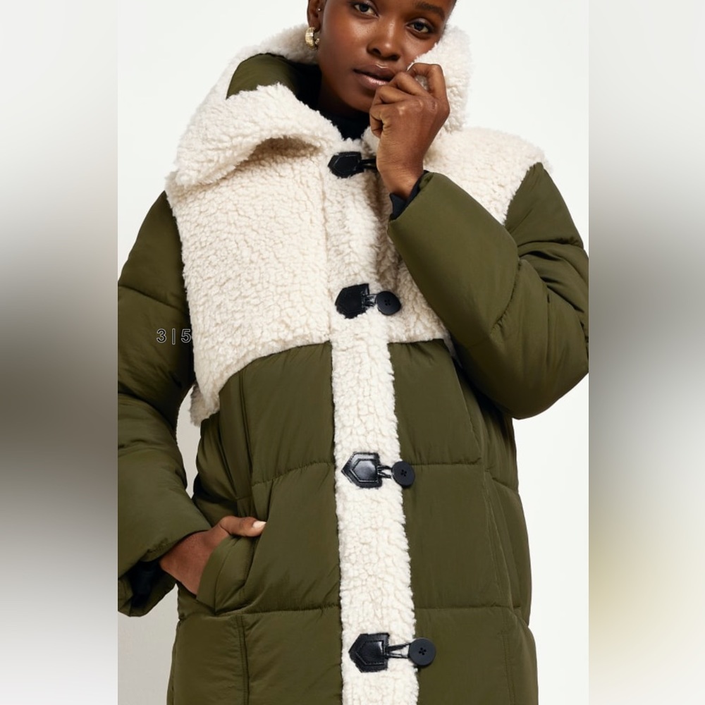 Khaki faux borg longline puffer coat